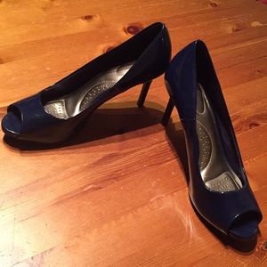 Navy blue patent open-toe heels
